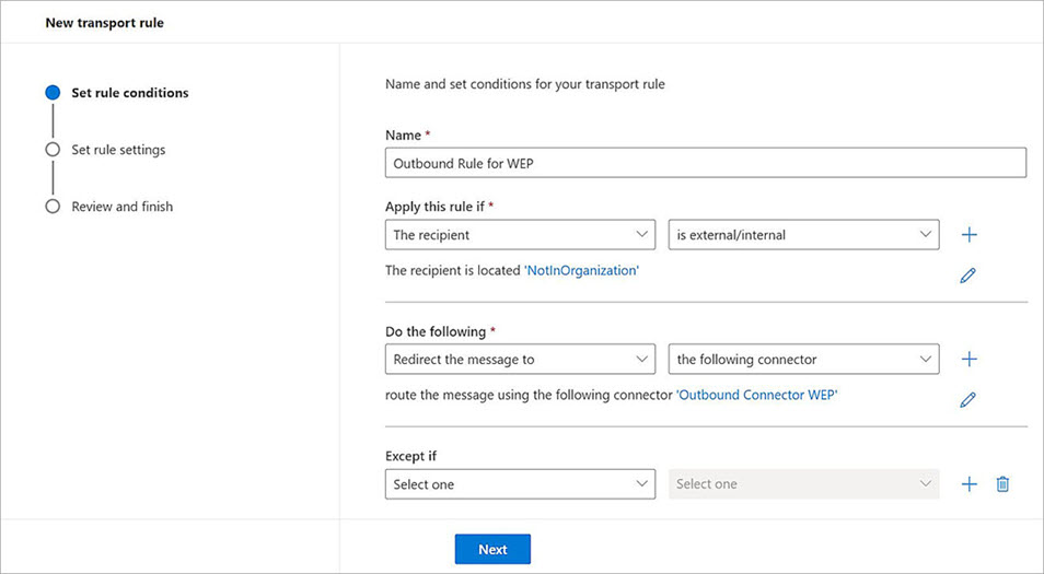 Screenshot of the Microsoft 365 configuration Set rule conditions page